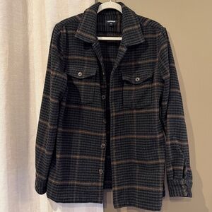 Express Men's Wool Blend Shacket, Charcoal & Caramel Brown Plaid, Size Medium